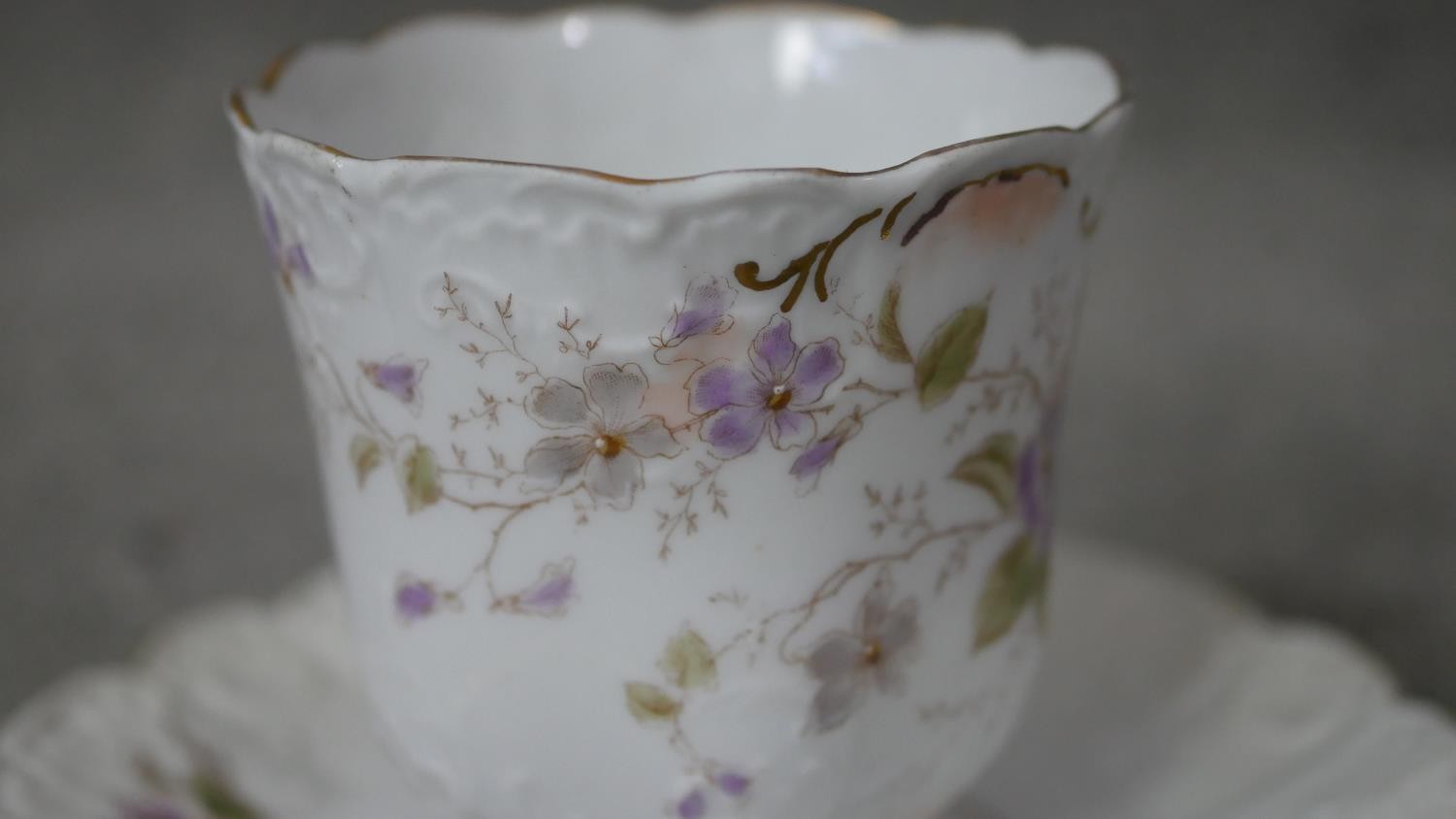 A Victorian hand painted fine china ten person part coffee set. Decorated with violets and gilded - Image 6 of 14