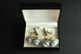 A pair of white metal (tests as silver) and pear shaped rock crystal chain link cufflinks along with