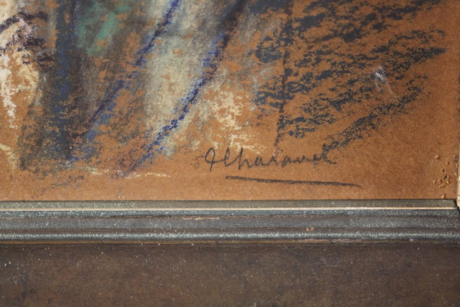 A framed pastel portrait of a young woman reclining in a chair. Indistinctly signed. H.58 W.50cm. - Image 4 of 4