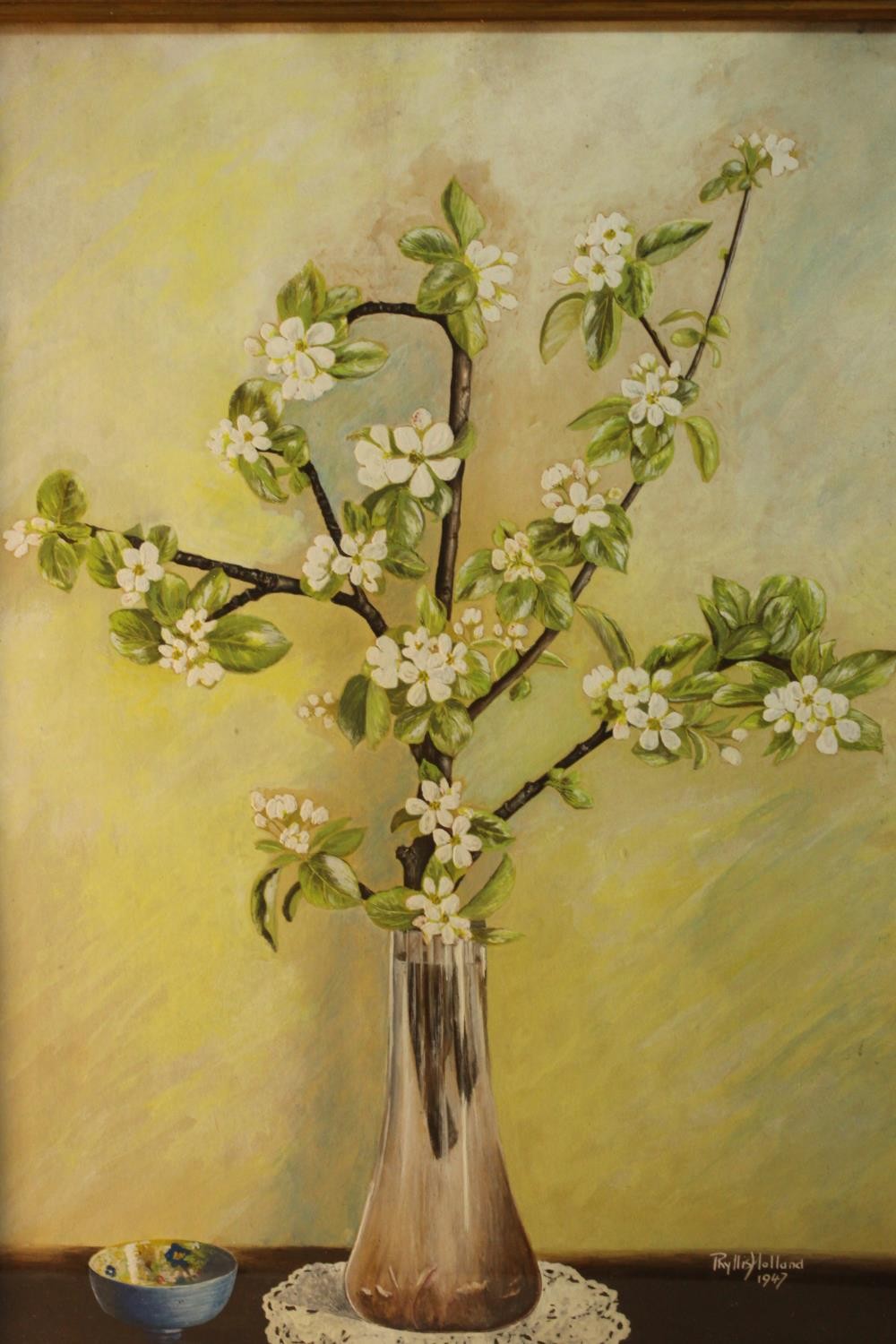 A framed acrylic still life of a vase of fruit blossom. Signed Phyllis Holland, 1947. H.61 W.46cm. - Image 3 of 6