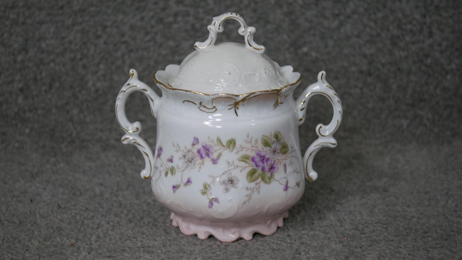 A Victorian hand painted fine china ten person part coffee set. Decorated with violets and gilded - Image 10 of 14