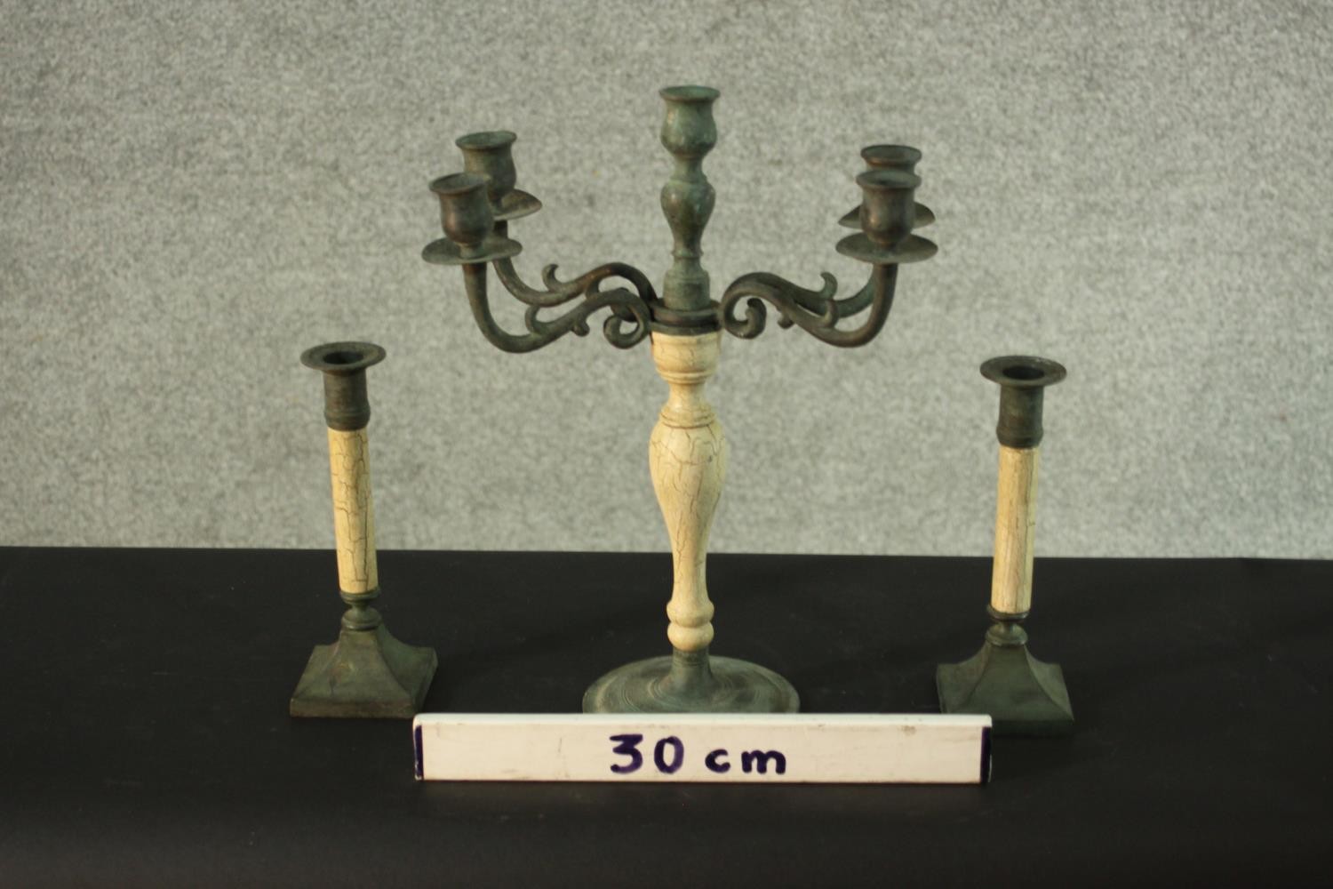 A 19th century style bronzed and faux marble candelabra and a pair of matching candlesticks. H.36 - Image 2 of 4