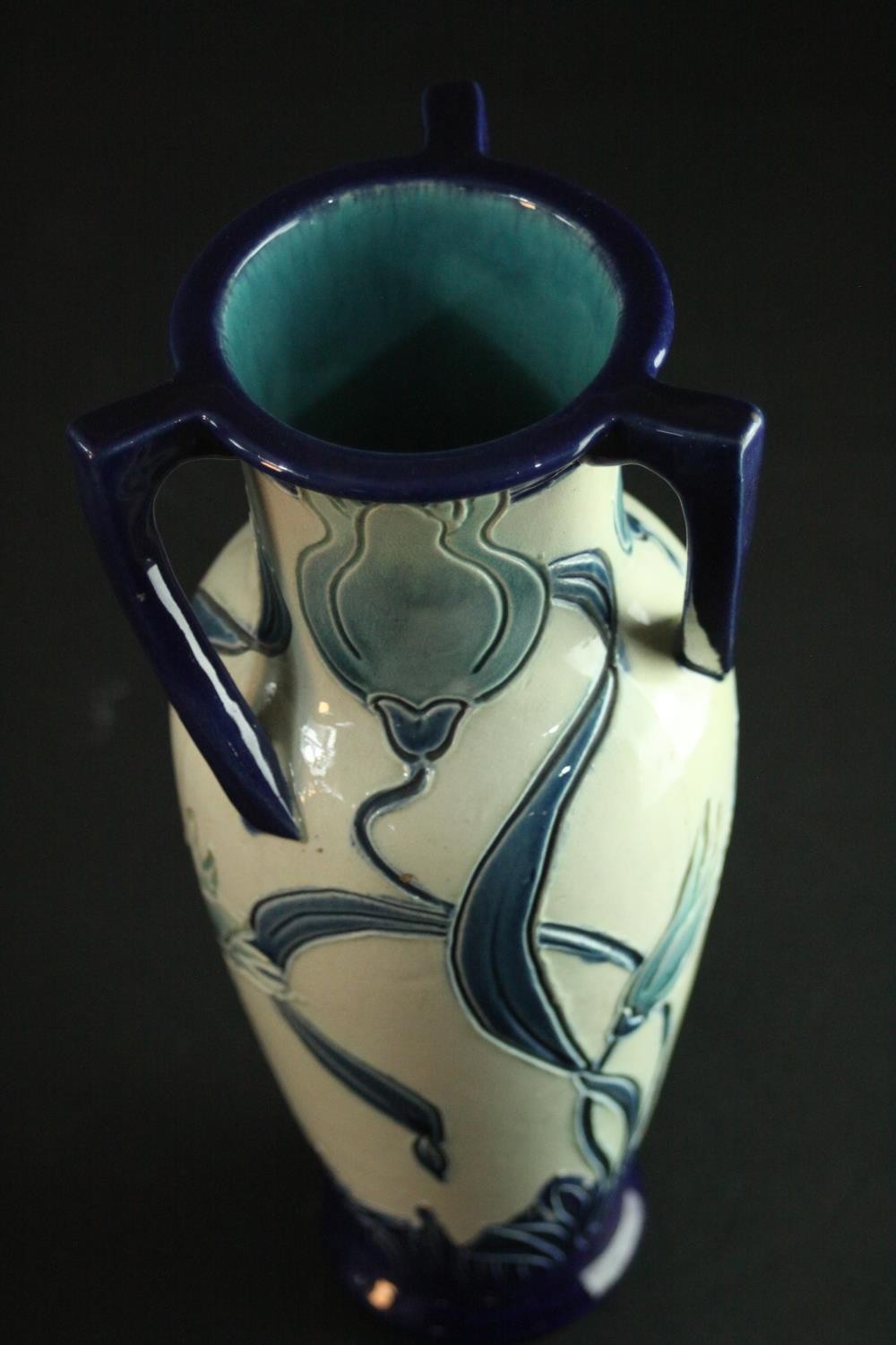 An early 20th century Burmantofts Faience three handled vase with incised Wild Tulip decoration in - Image 2 of 5