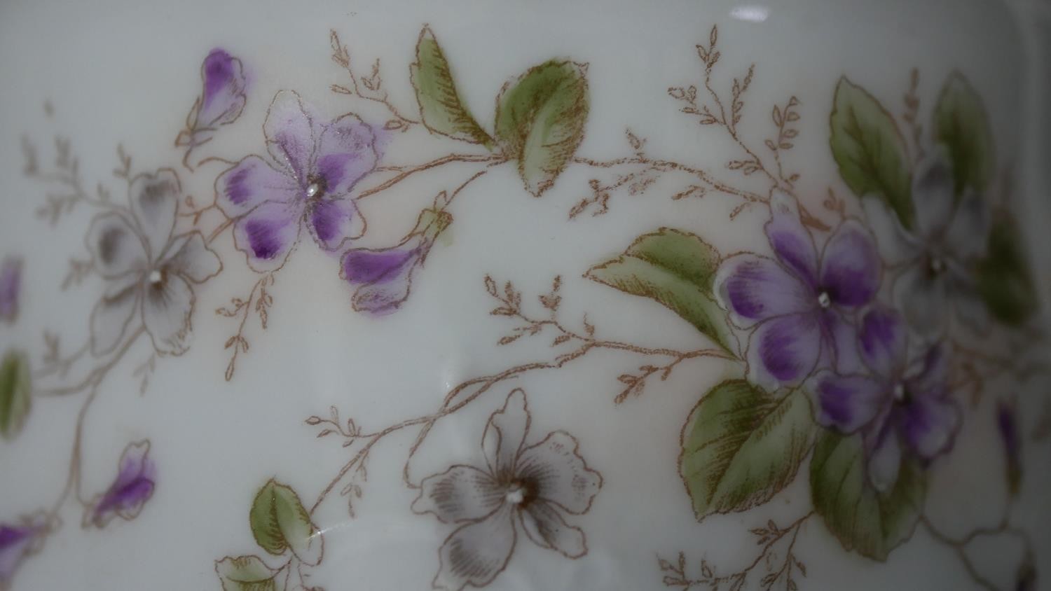 A Victorian hand painted fine china ten person part coffee set. Decorated with violets and gilded - Image 11 of 14