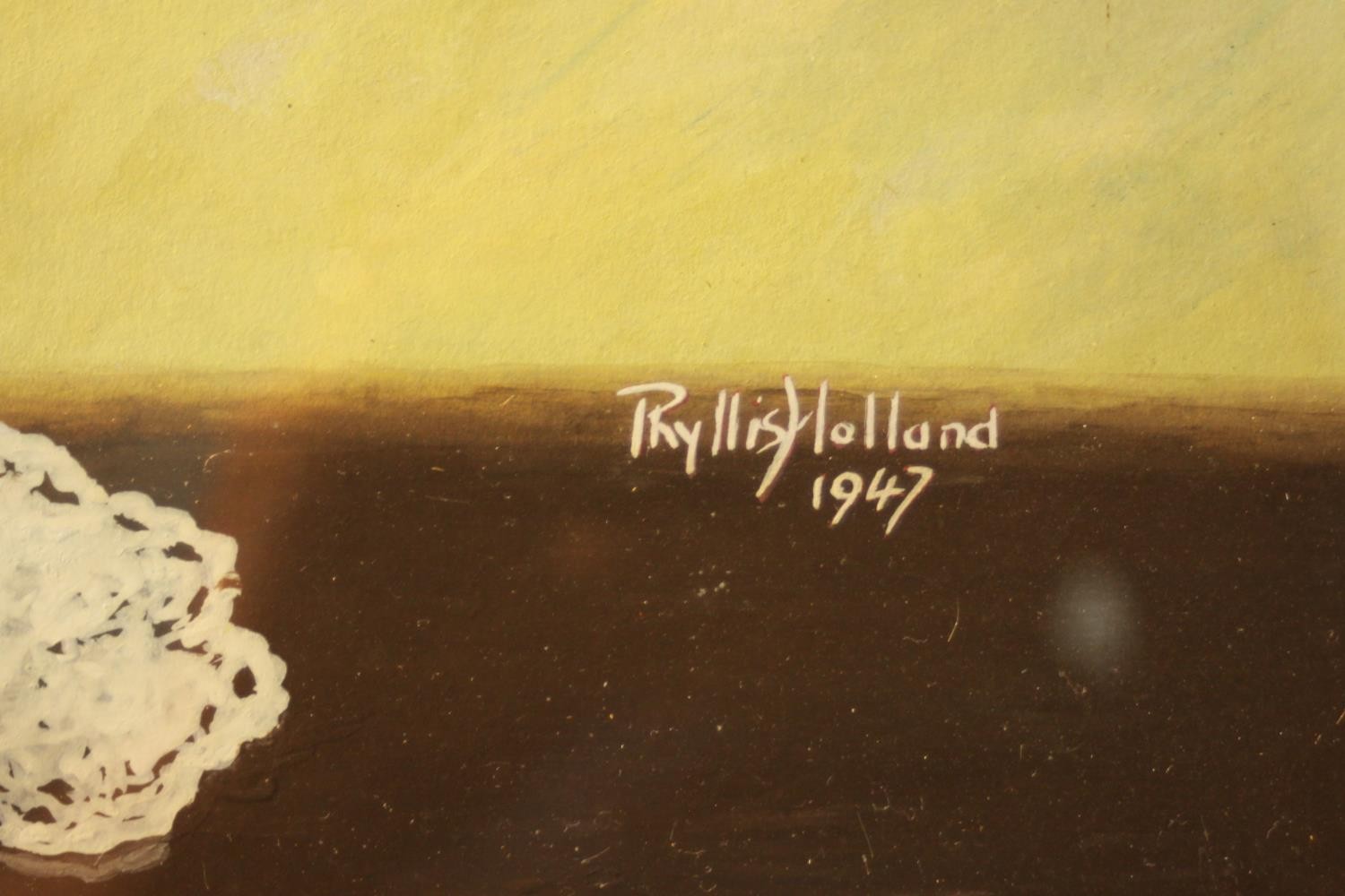 A framed acrylic still life of a vase of fruit blossom. Signed Phyllis Holland, 1947. H.61 W.46cm. - Image 5 of 6