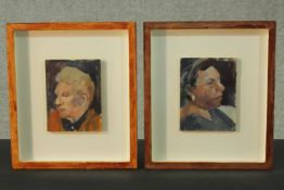 A pair of mid century framed oil on panel profile portraits, unsigned. H.30 W.16 cm.