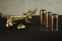 A silver plated Chinese dragon card tray, three lidded spice cannisters and other silver plate. H.10