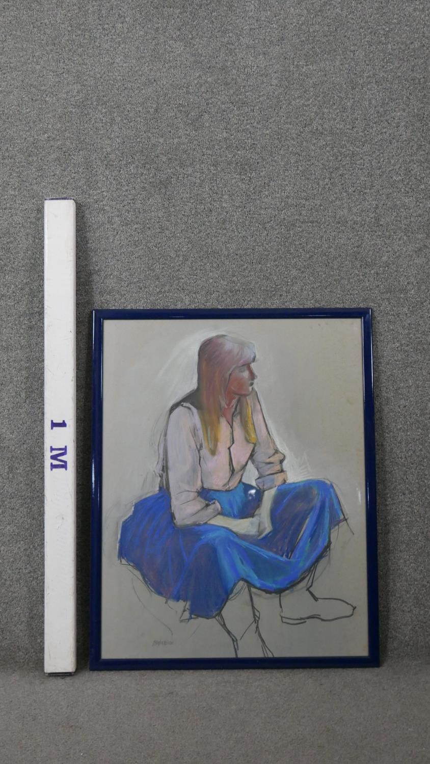 Belinda Wilson (1954-) A framed and glazed pastel on paper of a seated woman in blue skirt. Signed - Image 6 of 7