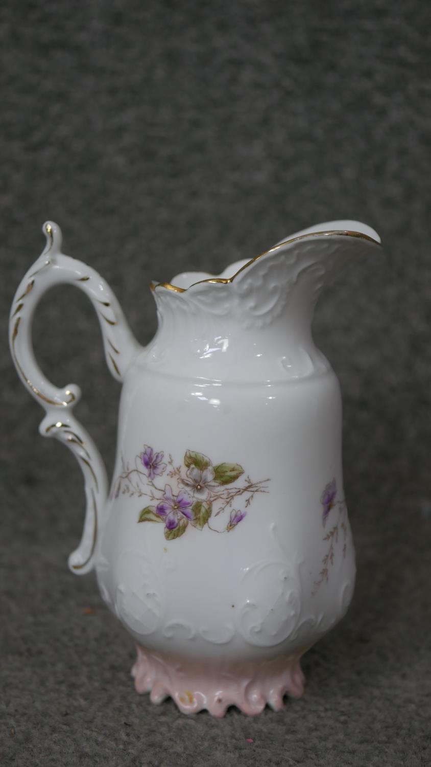 A Victorian hand painted fine china ten person part coffee set. Decorated with violets and gilded - Image 12 of 14