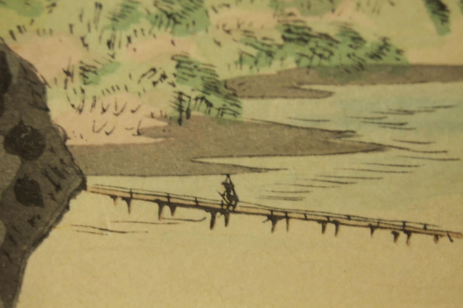 Two framed and glazed 19th century Japanese woodblock prints. One of a goose drinking at a lake - Image 5 of 10