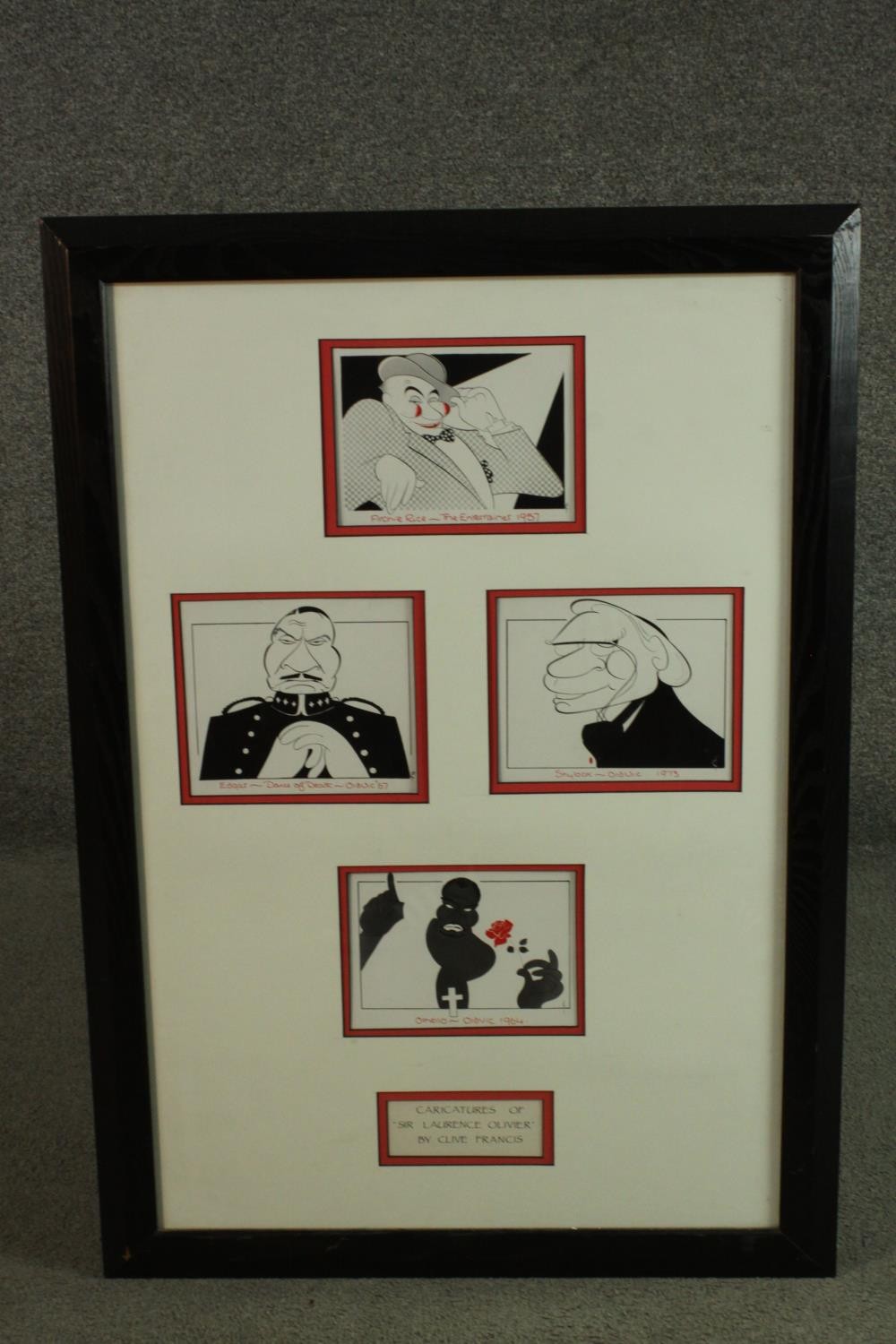 Four prints of Laurence Olivier caricatures by Clive Francis. Framed and glazed as one. H.86 W.60cm. - Image 2 of 5