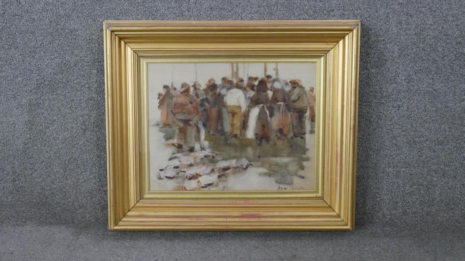 Fred Taylor (1875-1963) A gilt framed and glazed gouache watercolour on paper, crowd at a fish - Image 2 of 5