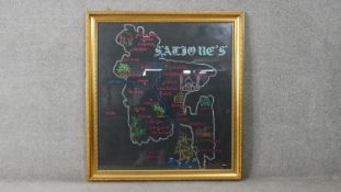 A framed and glazed painted map of Bangladesh with glitter detailing and illustrations. Artists