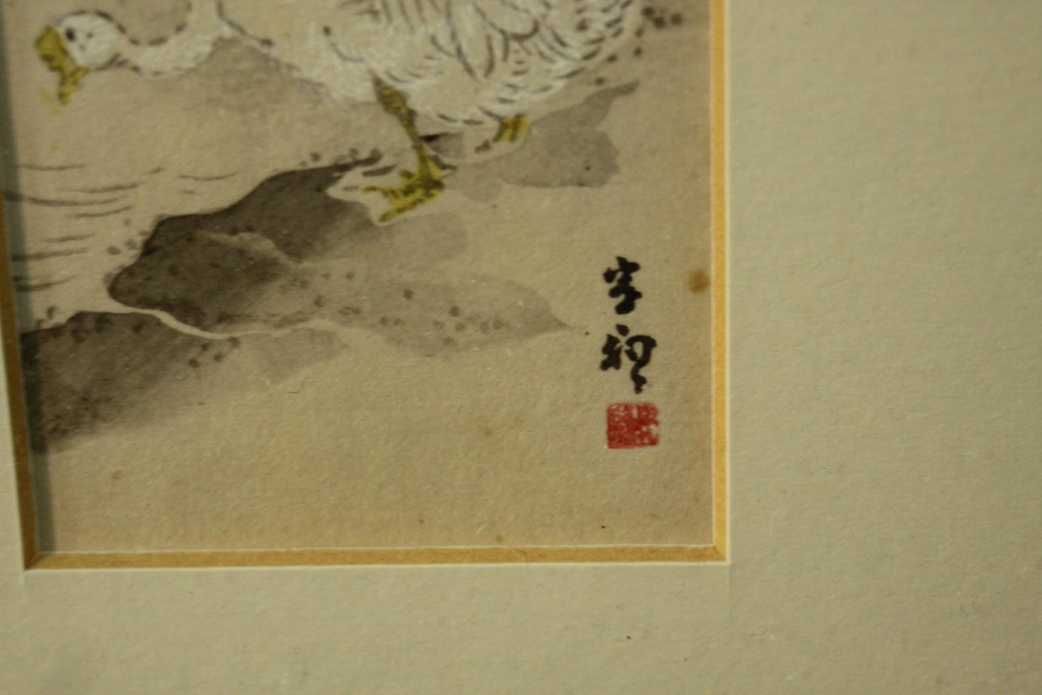 Two framed and glazed 19th century Japanese woodblock prints. One of a goose drinking at a lake - Image 4 of 10