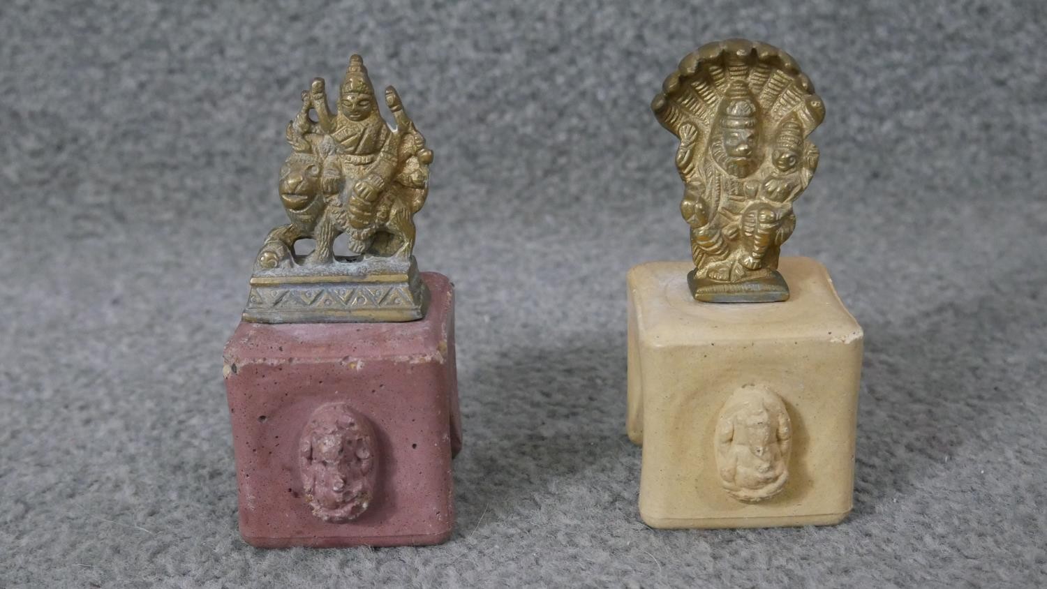 A carved Chinese soapstone chop in the form of an immortal along with two Indian brass deities on - Image 8 of 10