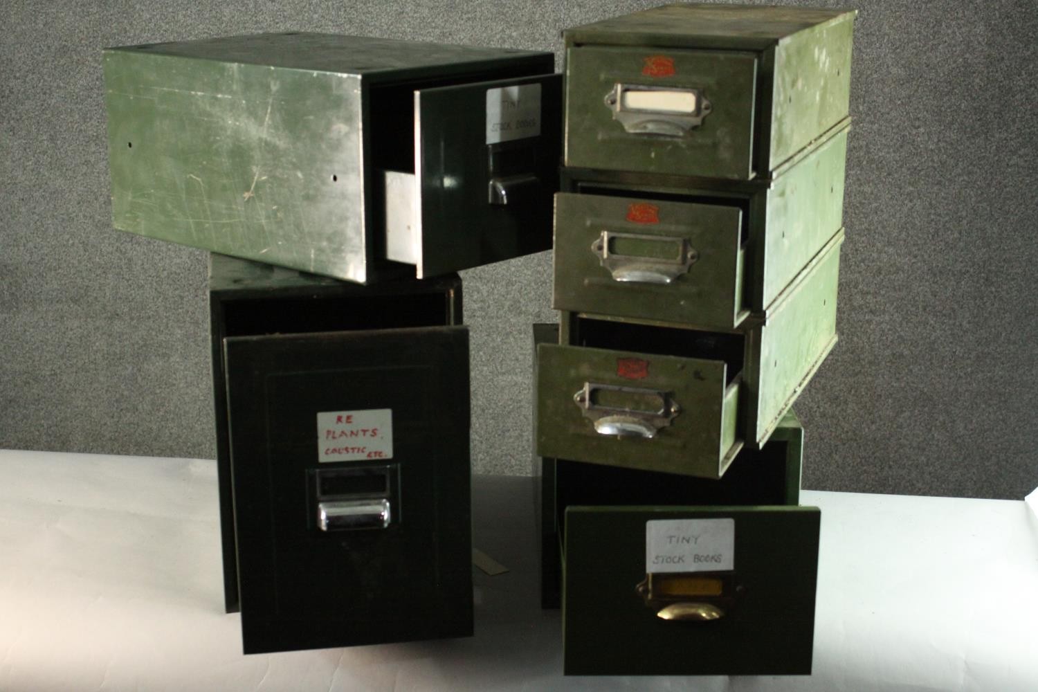 A miscellaneous collection of vintage metal desk top filing cabinets. H.36 W.20 D.40cm. (largest) - Image 4 of 4