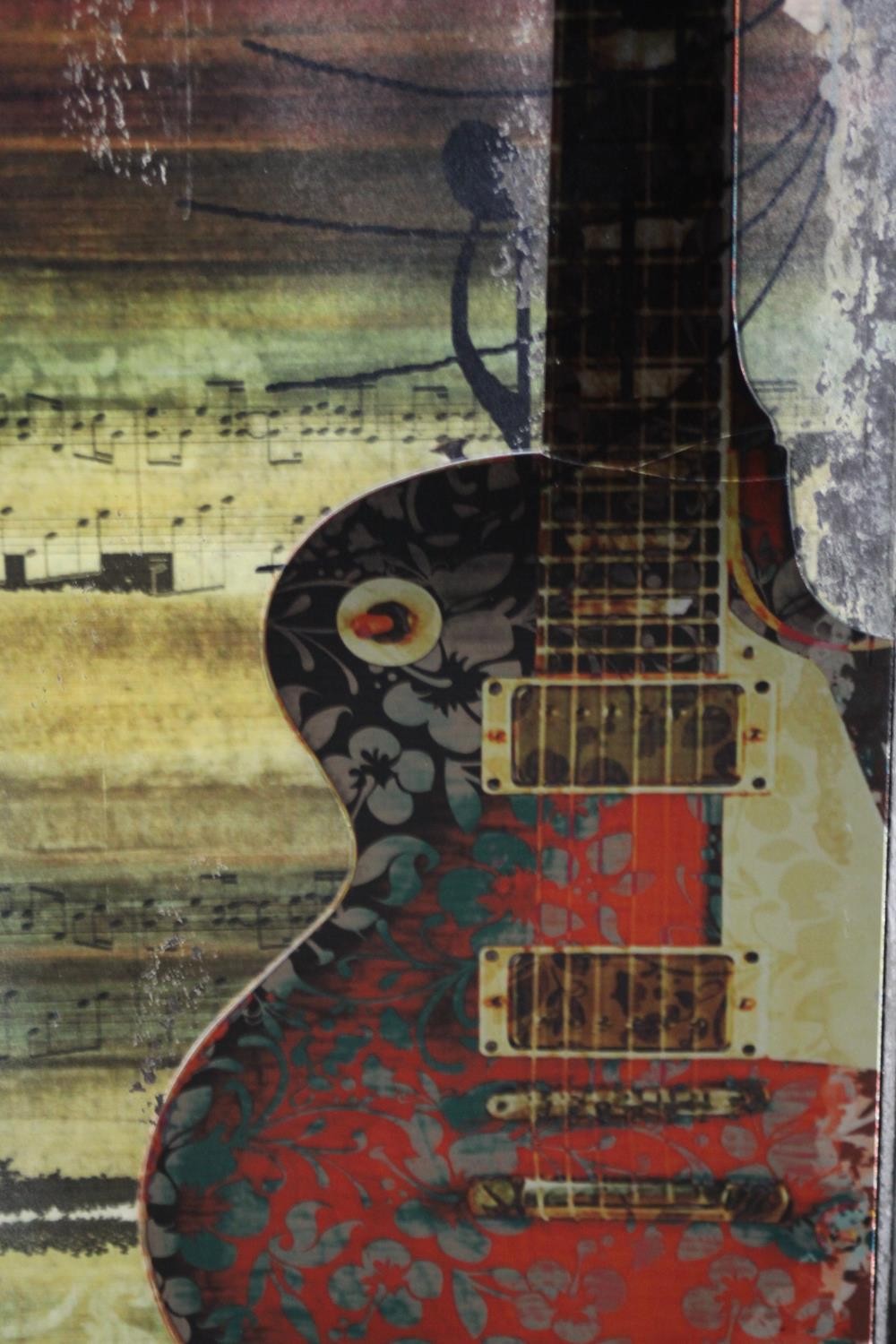 A large mixed media artwork on panel of a Gibson guitar among music notes, with studded detailing - Image 4 of 4