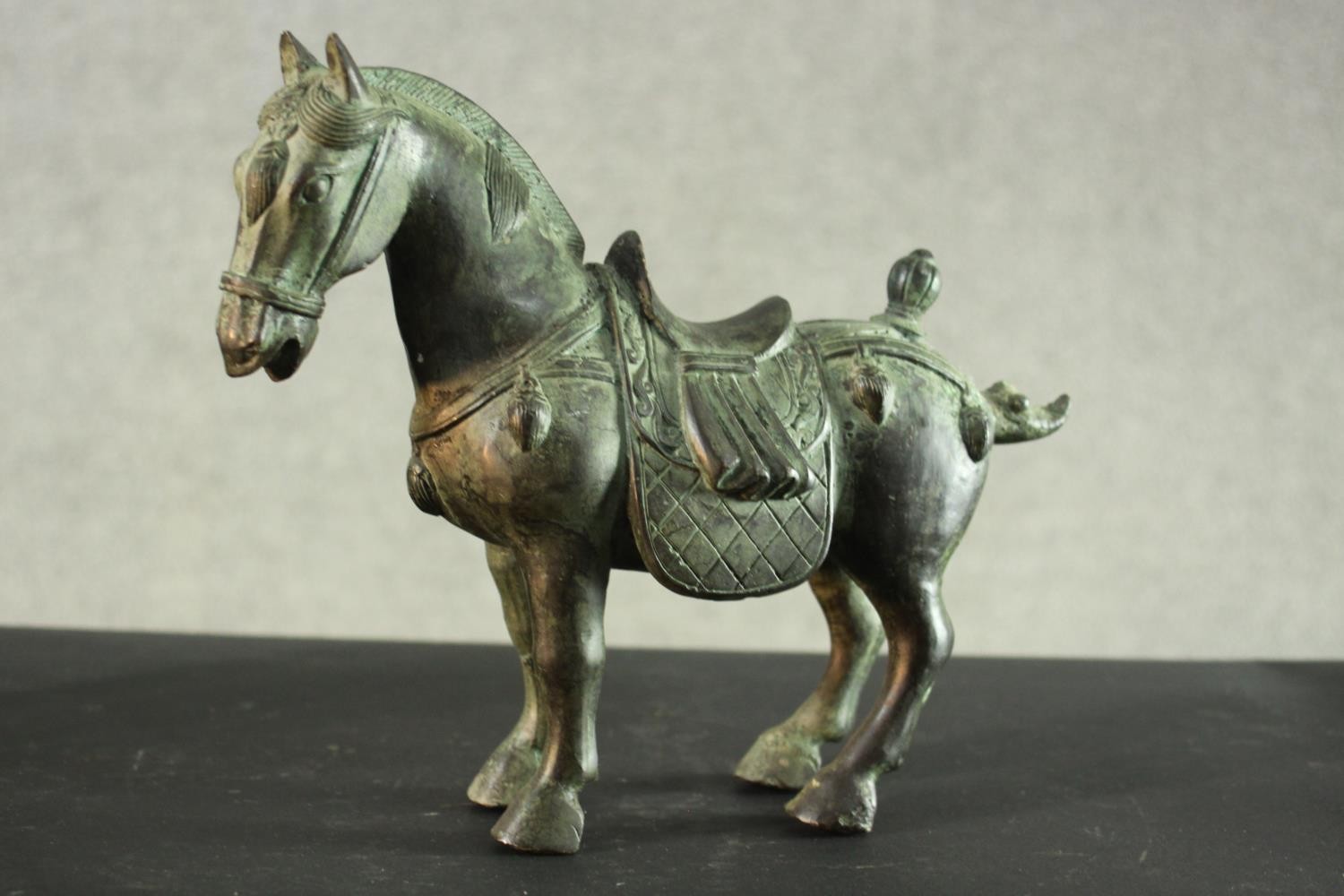 A pair of bronze Chinese Tang style horses. H.26 W.26 D.9 cm. - Image 3 of 8