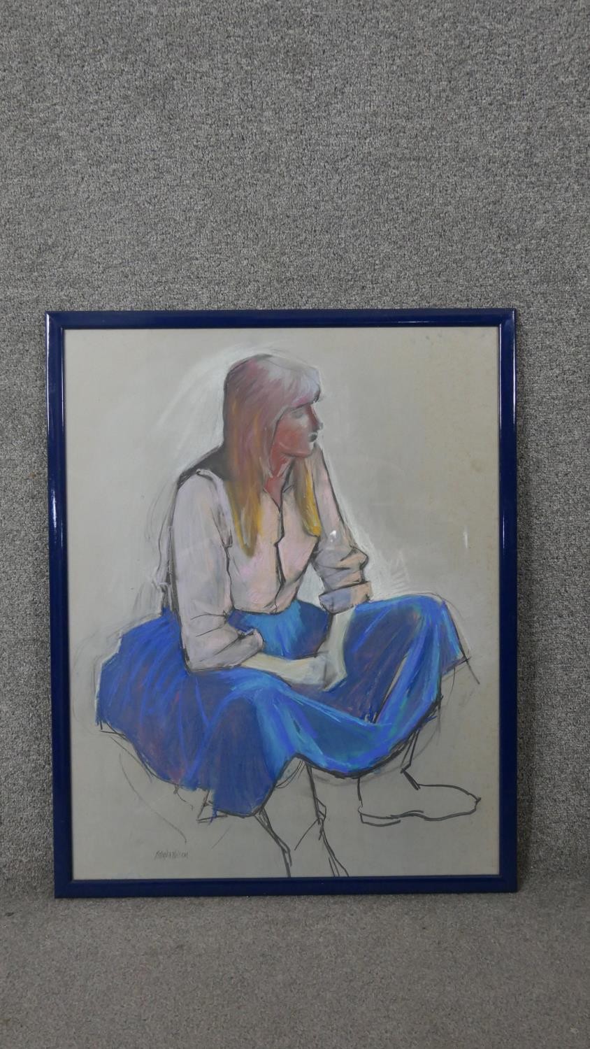 Belinda Wilson (1954-) A framed and glazed pastel on paper of a seated woman in blue skirt. Signed - Image 2 of 7