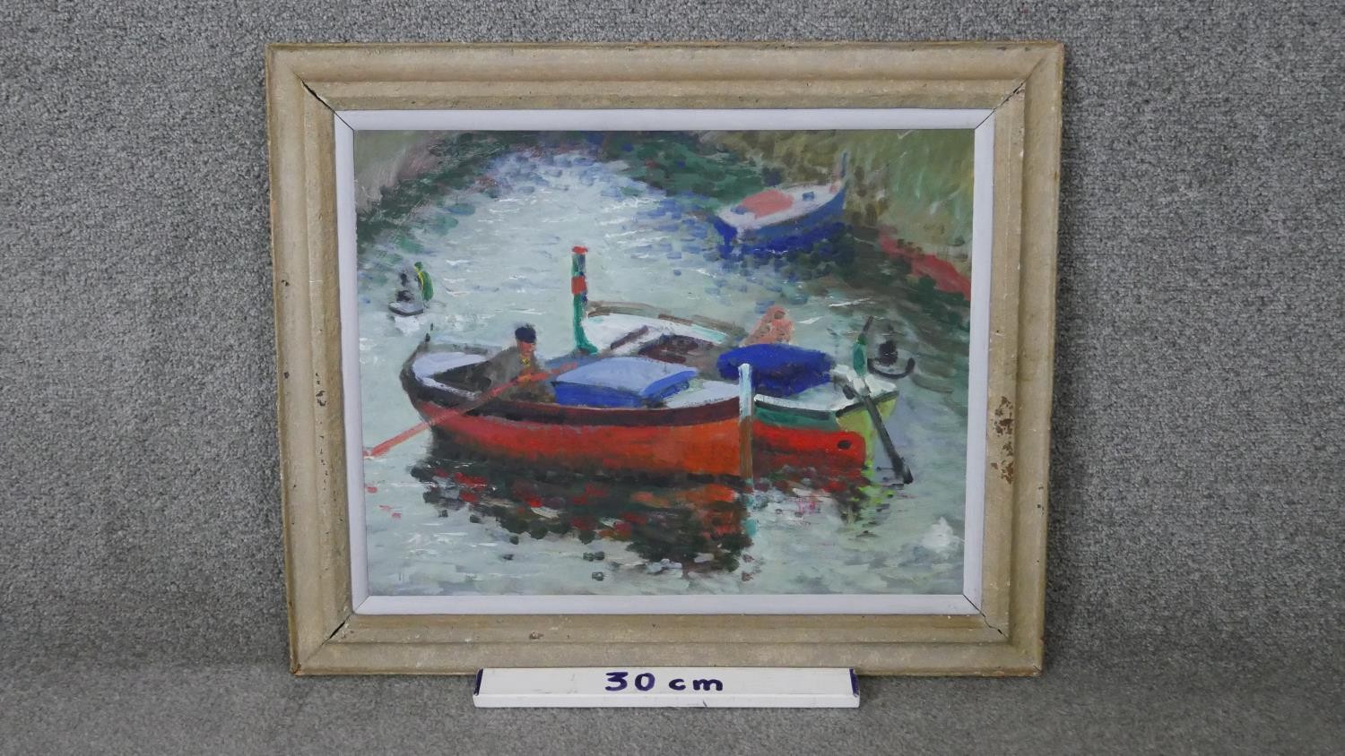 John Gilroy (1898 - 1985) A framed oil on board, rowing boats on the river, signed verso. H.50 W. - Image 3 of 4