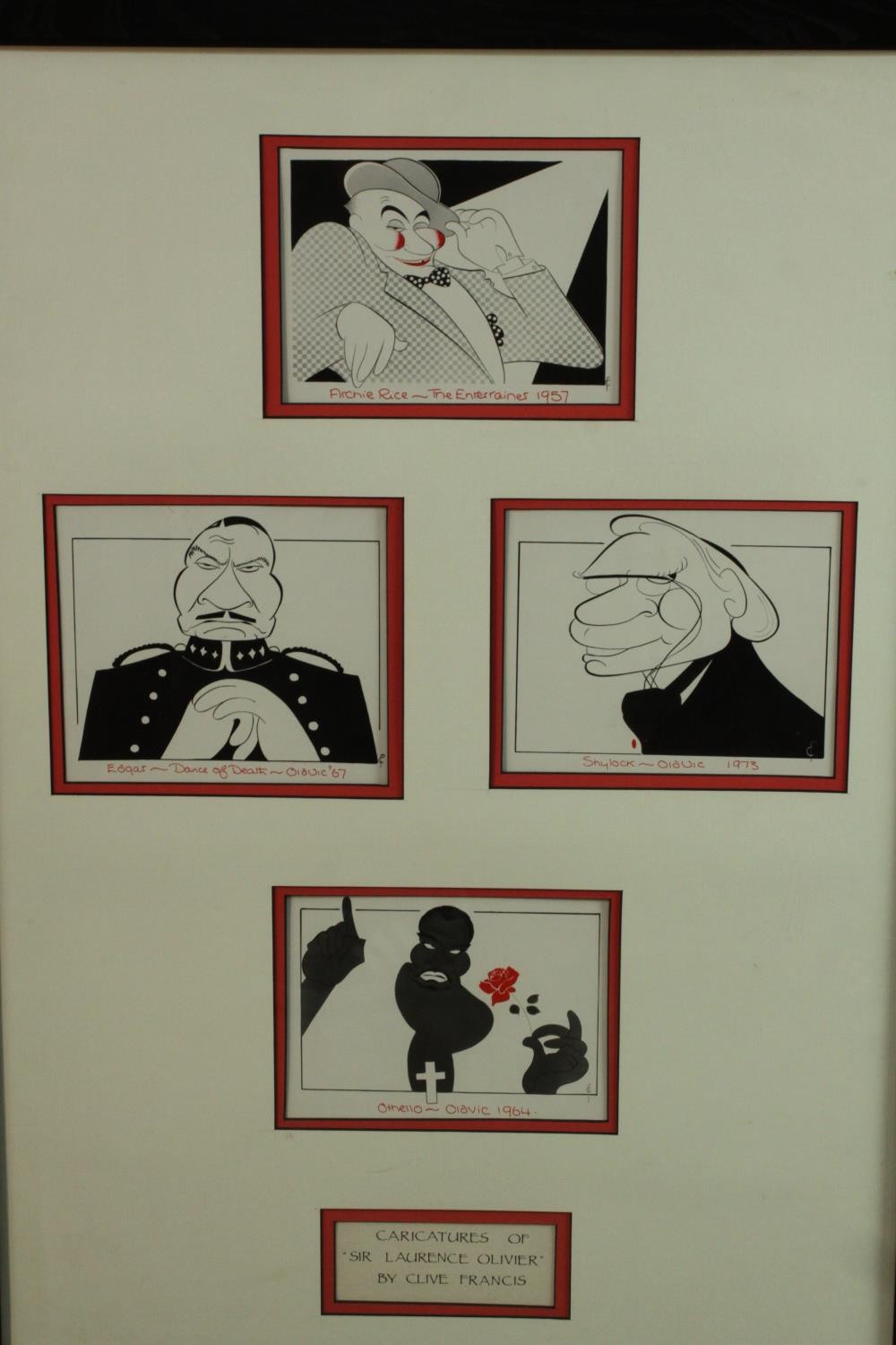 Four prints of Laurence Olivier caricatures by Clive Francis. Framed and glazed as one. H.86 W.60cm. - Image 3 of 5