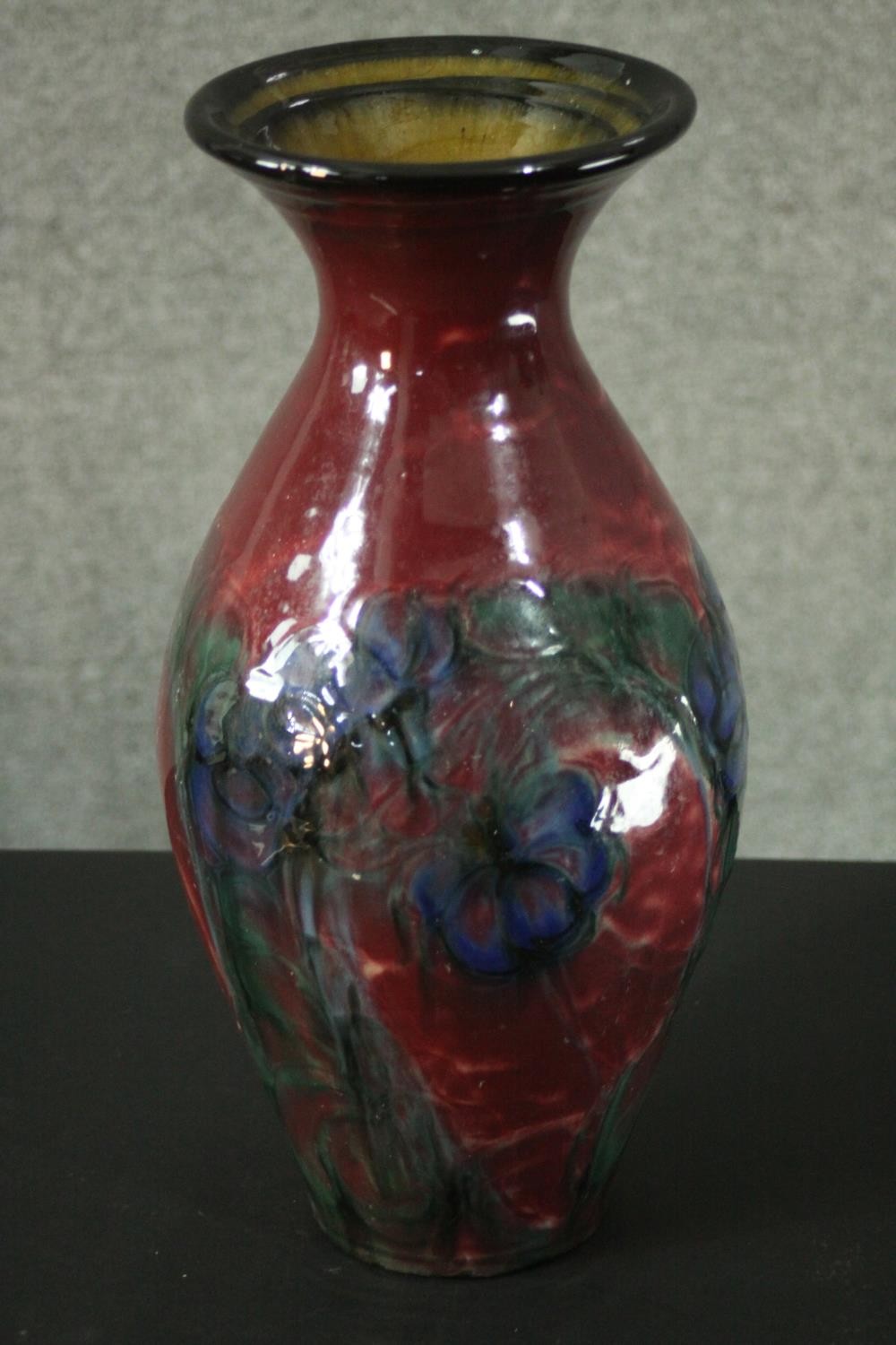 Danico of Denmark art pottery vase, floral Art Nouveau inspired design on ruby ground. Makers mark - Image 2 of 6