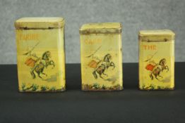 A set of three vintage French tea, coffee and flour cannisters. H.16 W.10 D.8 cm.