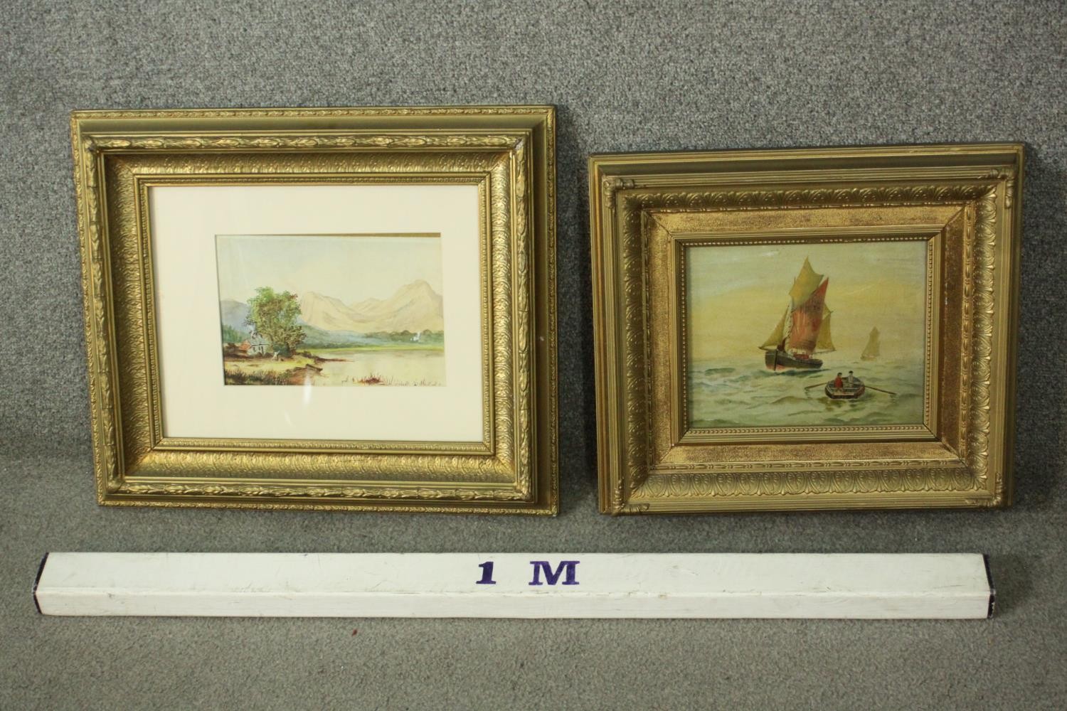 A 19th century framed and glazed watercolour, lakescape along with a 19th century oil of a seascape. - Image 2 of 6