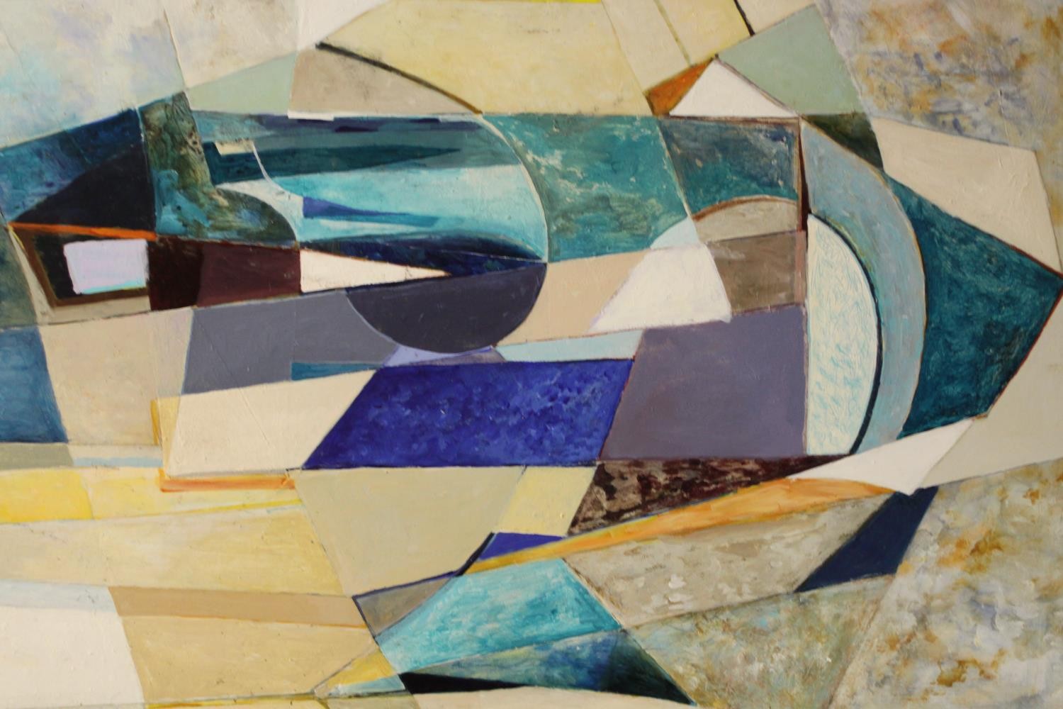 Jane Harris (1956-) A framed Cubist style abstract oil on board. Signed and dated. H.74 W.104cm. - Image 2 of 5