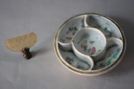 A Chinese Jade butterfly fan handle along with a hand painted five compartment dish with character