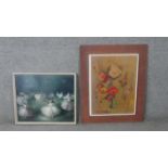 Two framed and glazed coloured prints. One Mid-century, depicting a vase of flowers, signed in plate