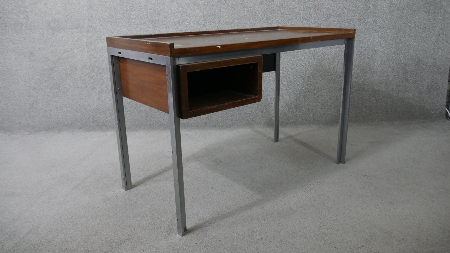 A vintage teak writing table on a metal frame. H.73 W.107 D.53cm - Image 4 of 5