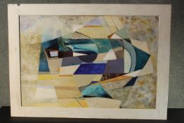 Jane Harris (1956-) A framed Cubist style abstract oil on board. Signed and dated. H.74 W.104cm.