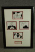 Four prints of Laurence Olivier caricatures by Clive Francis. Framed and glazed as one. H.86 W.60cm.