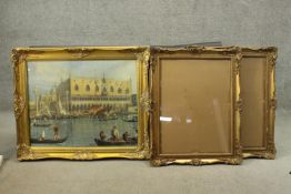 A large giltwood framed and glazed print of Venice along with two giltwood foliate design frames.