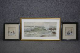 Three framed and glazed watercolours. Two of sailing boats and a seascape. H.37 W.65cm.
