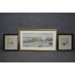 Three framed and glazed watercolours. Two of sailing boats and a seascape. H.37 W.65cm.