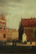 A 19th century framed Dutch oil on board. Depicting a town courtyard scene. Unsigned. H.27 W.23cm.