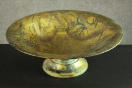 A large vintage marble effect enamel painted brass pedestal bowl. H.16 Dia.45cm