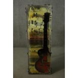 A large mixed media artwork on panel of a Gibson guitar among music notes, with studded detailing