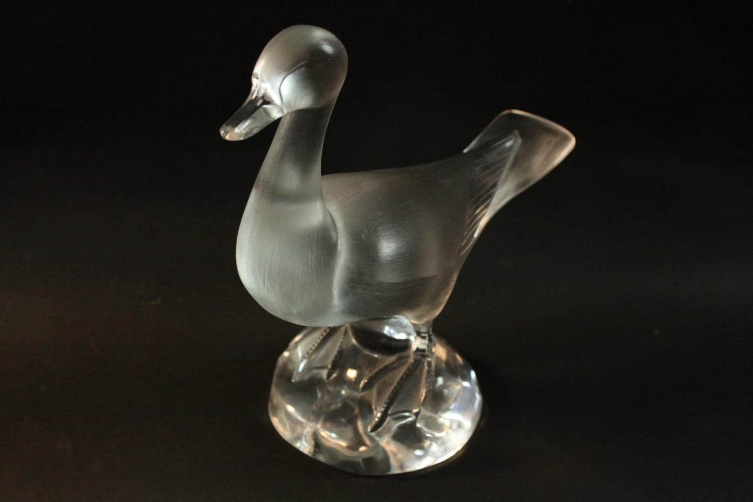 A Lalique crystal frosted and clear glass duck figure, standing on a round crystal base, signed - Image 7 of 10