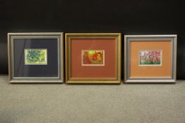 Three framed and glazed acrylics on paper, abstract flowers. Signed A. Mae. H.26 W.28cm