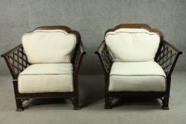 Armchairs, pair oak framed mid century Chinese Chippendale style, reupholstered.