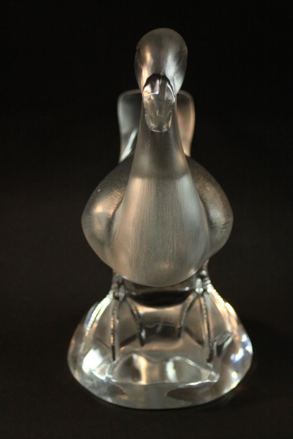 A Lalique crystal frosted and clear glass duck figure, standing on a round crystal base, signed - Image 5 of 10