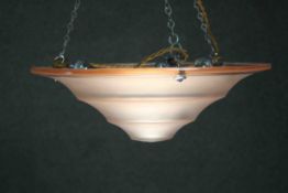 An Art Deco conical frosted peach glass ceiling pendant light shade with chain fittings. H.14