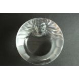 A vintage Lalique raised lion head clear crystal ashtray. Signed to the base, France. H.5 Dia. 15cm.