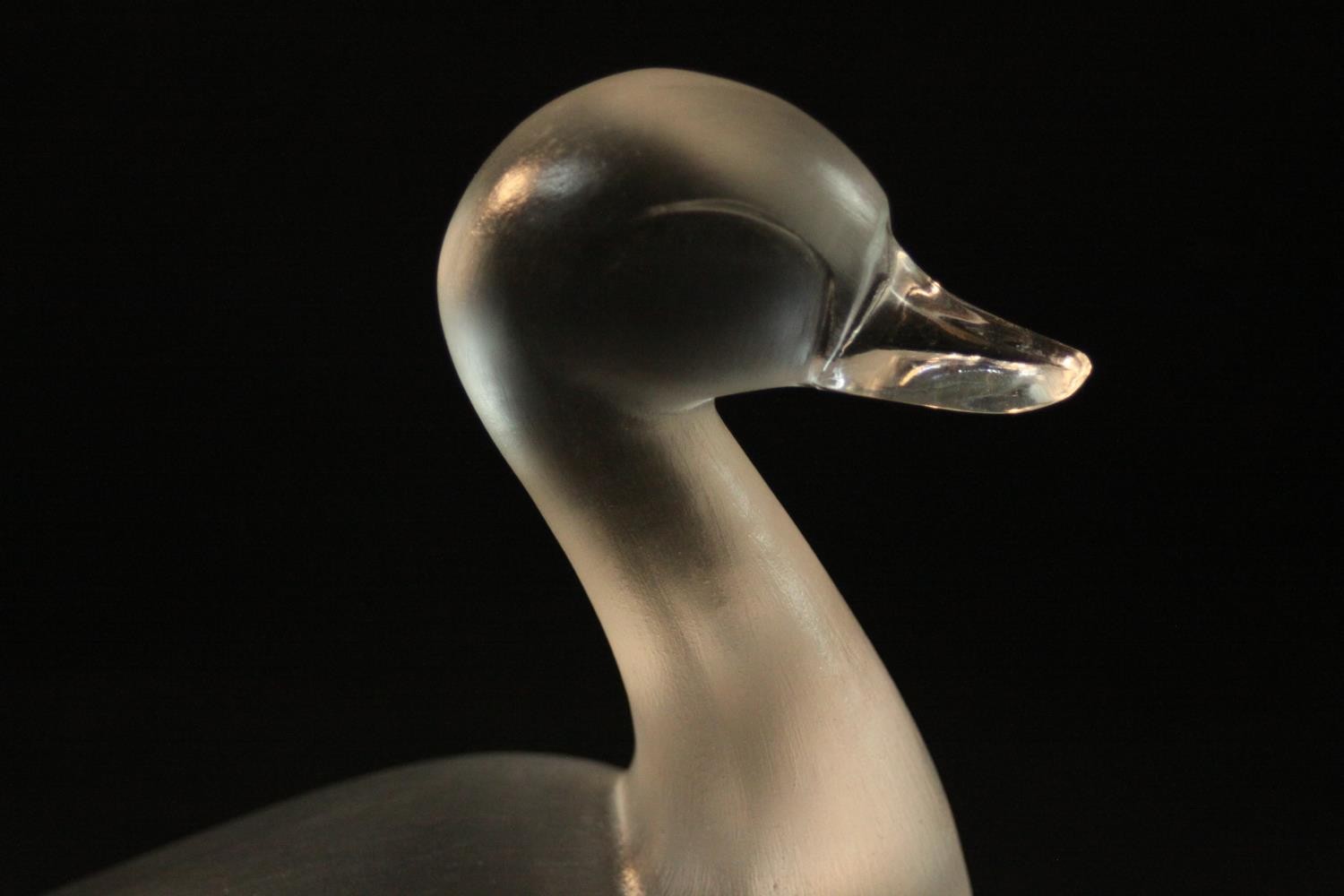 A Lalique crystal frosted and clear glass duck figure, standing on a round crystal base, signed - Image 2 of 10