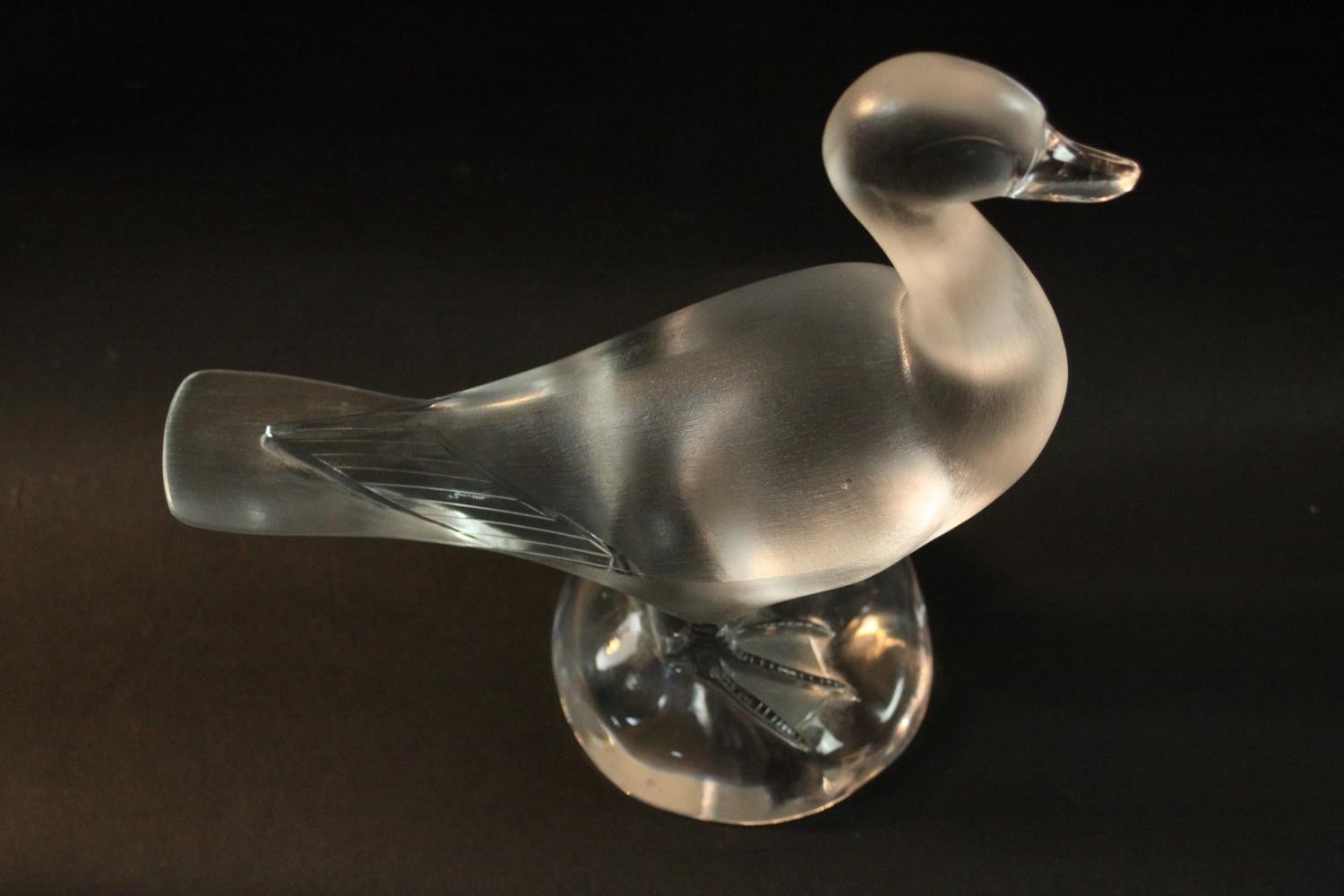 A Lalique crystal frosted and clear glass duck figure, standing on a round crystal base, signed - Image 3 of 10