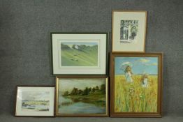 Five framed artworks. A framed oil on board of children in a field, an oil on board of a rower on