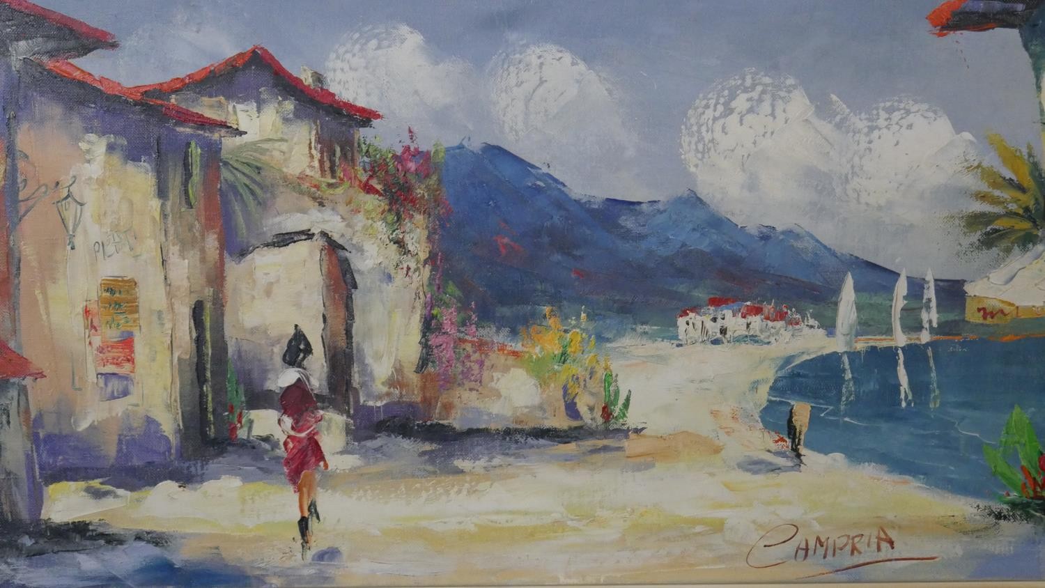A framed oil on canvas of a Mediterranean village, signed Campria. H.53 W.92cm - Image 2 of 6